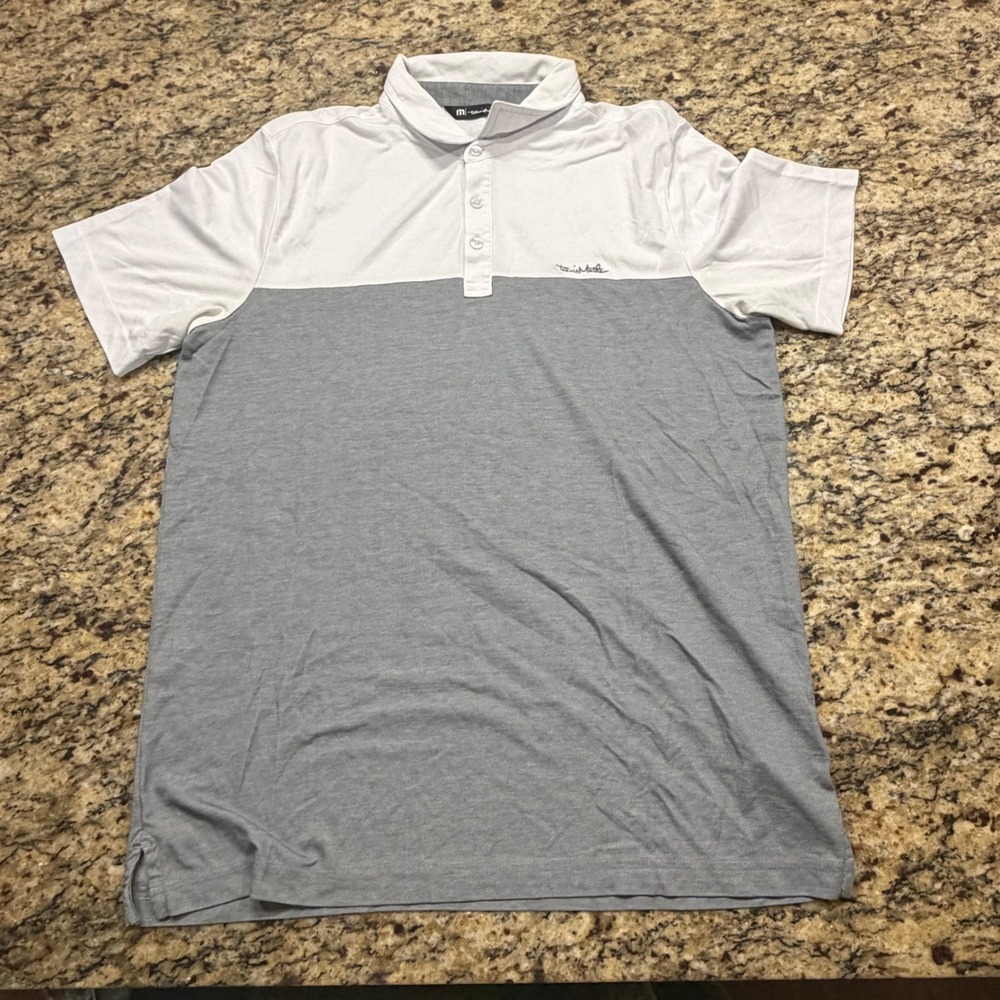 TravisMathew Mens Colorblock Polo Shirt Grey White Short Sleeve Logo Large ws